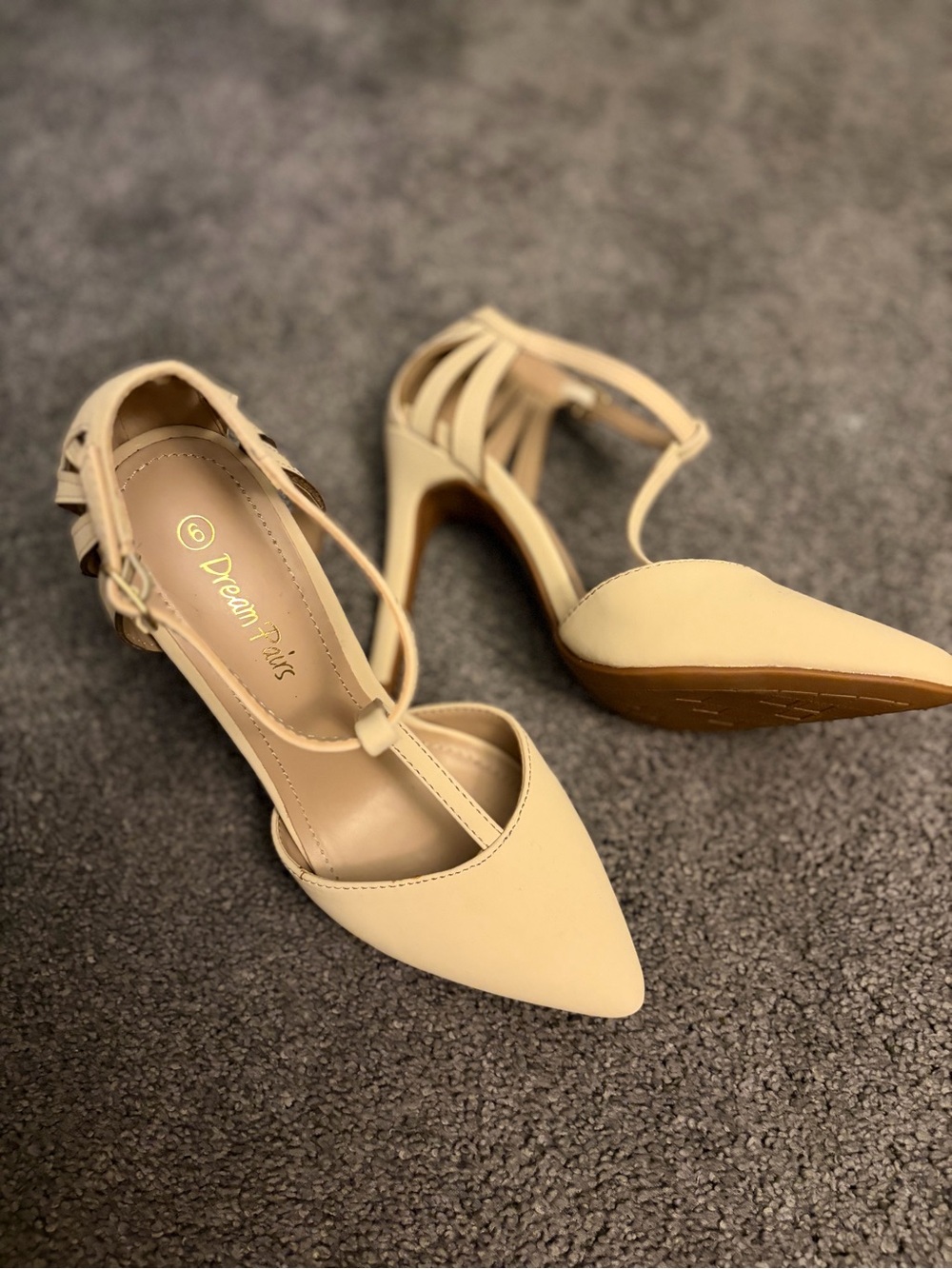 Dream Pairs Beige Pointed-Toe T-Strap Heels